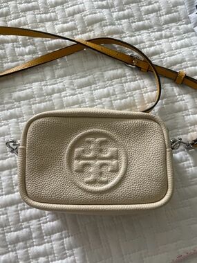 Tory Burch Cream Pebbled Leather Crossbody with Yellow Strap